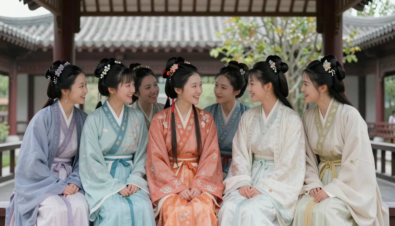 A group of young noble Chinese women in colorful Hanfu sitti...