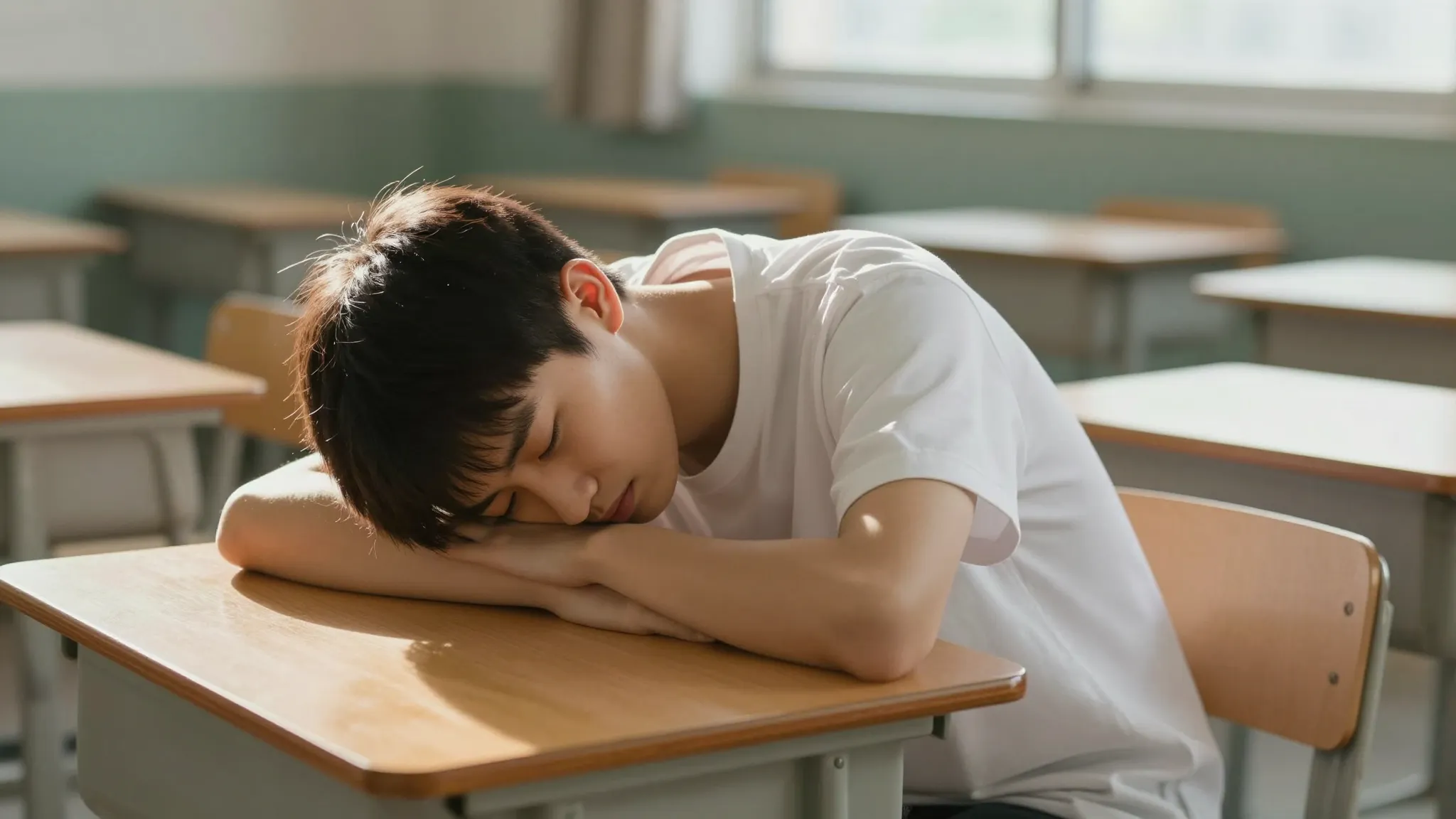 A teenage boy sitting alone at a wooden school desk in a qui...