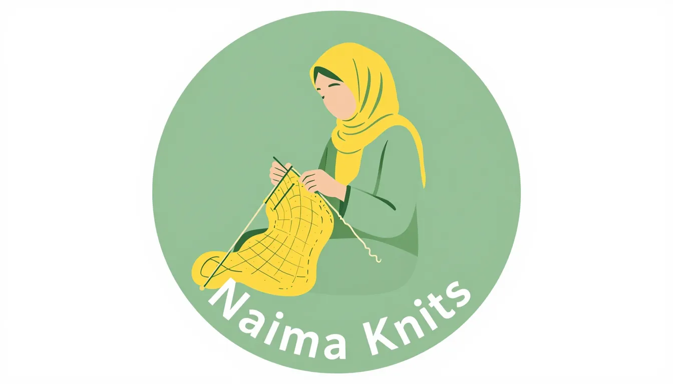 Round logo emblem for 'Naima Knits'. Inside a green circle, ...
