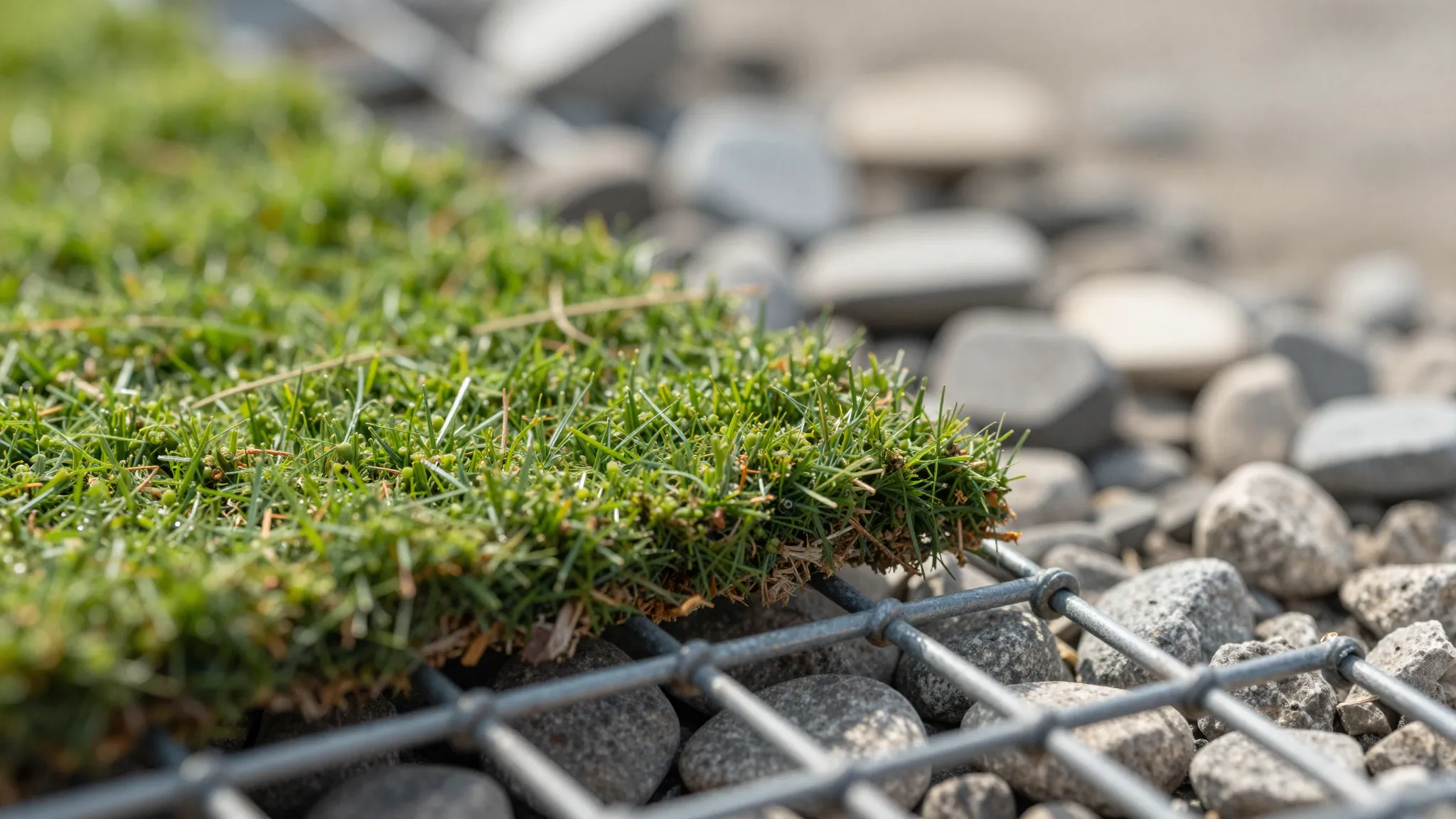 Close-up macro photography of green biomats and gabion stone...