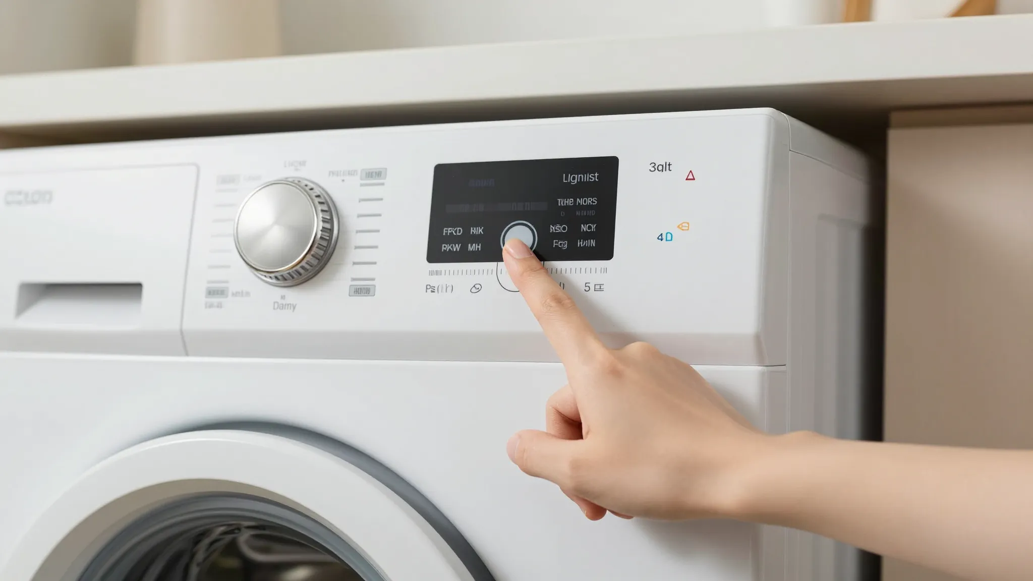 Close-up of a clean washing machine control panel with a han...