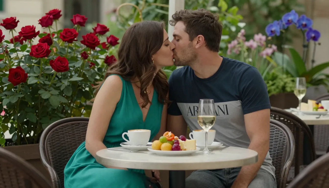 Cinematic 8k photo of a couple kissing at a garden cafe. Str...