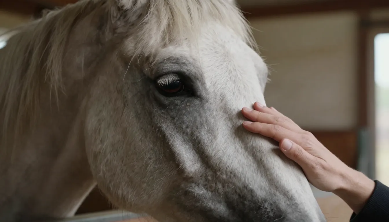 A heartwarming close-up of an older horse's gentle eye, show...