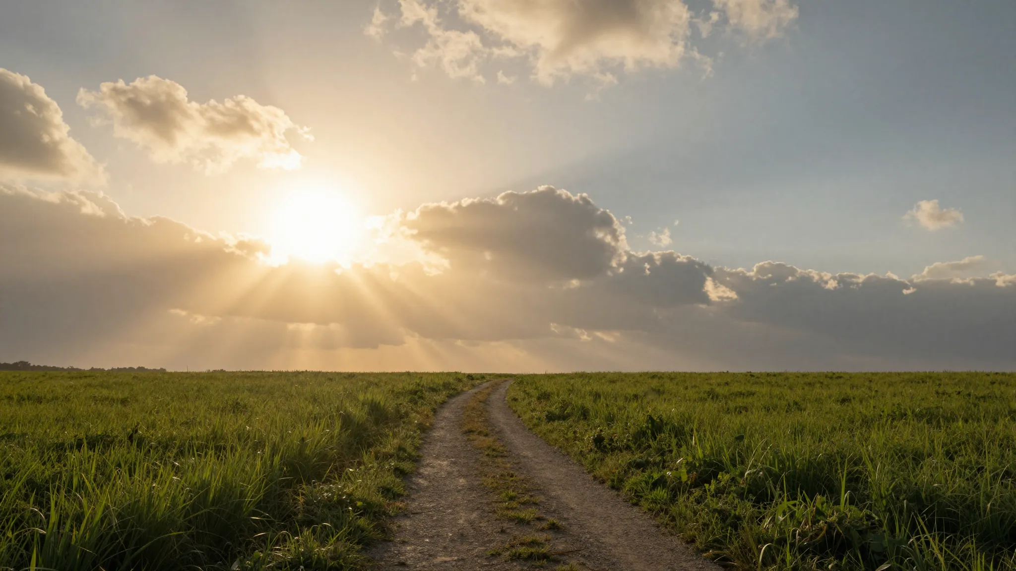 A peaceful landscape at sunrise with a bright sun shining th...