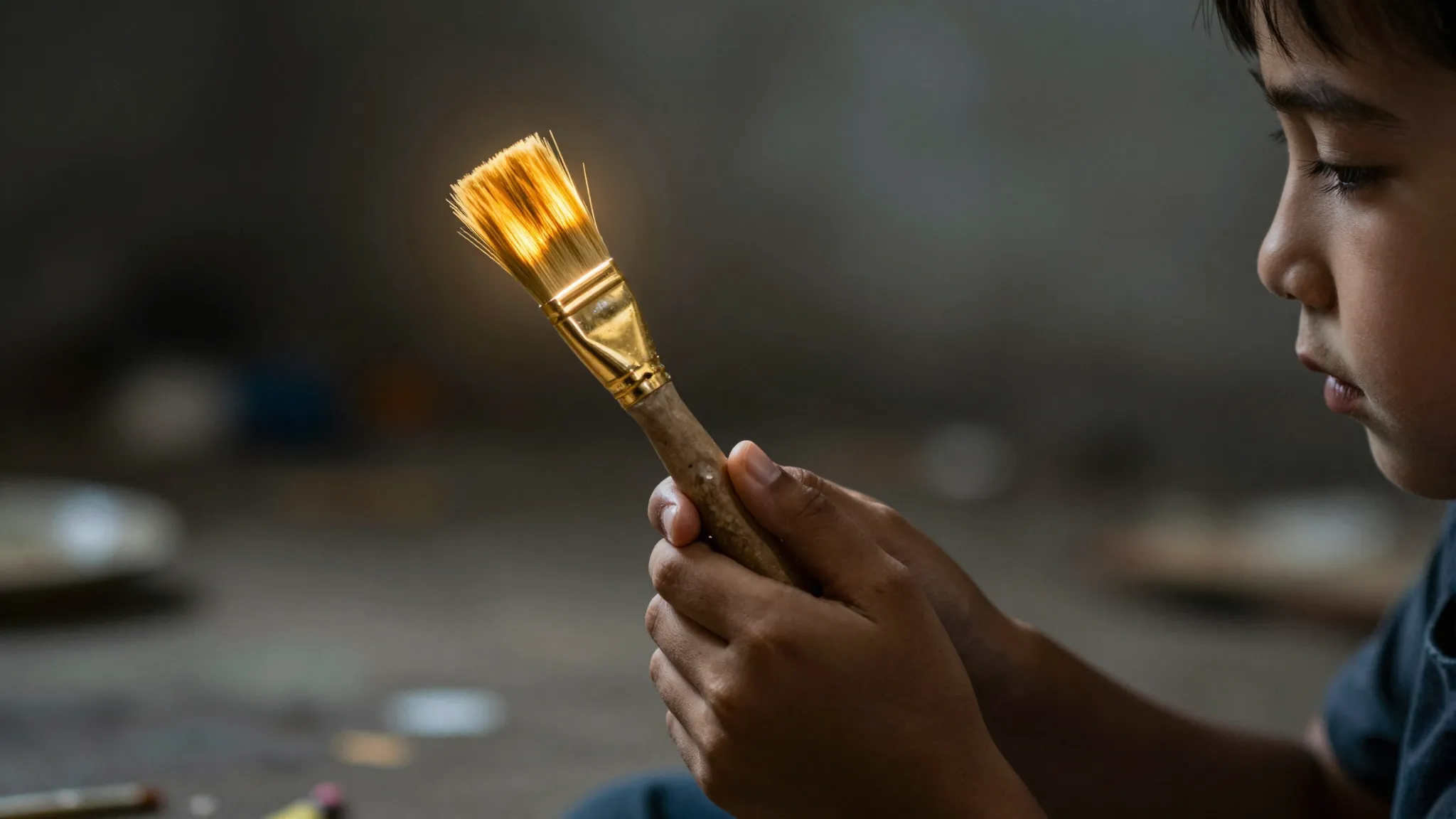 Close-up of a young boy's hands holding a glowing golden pai...