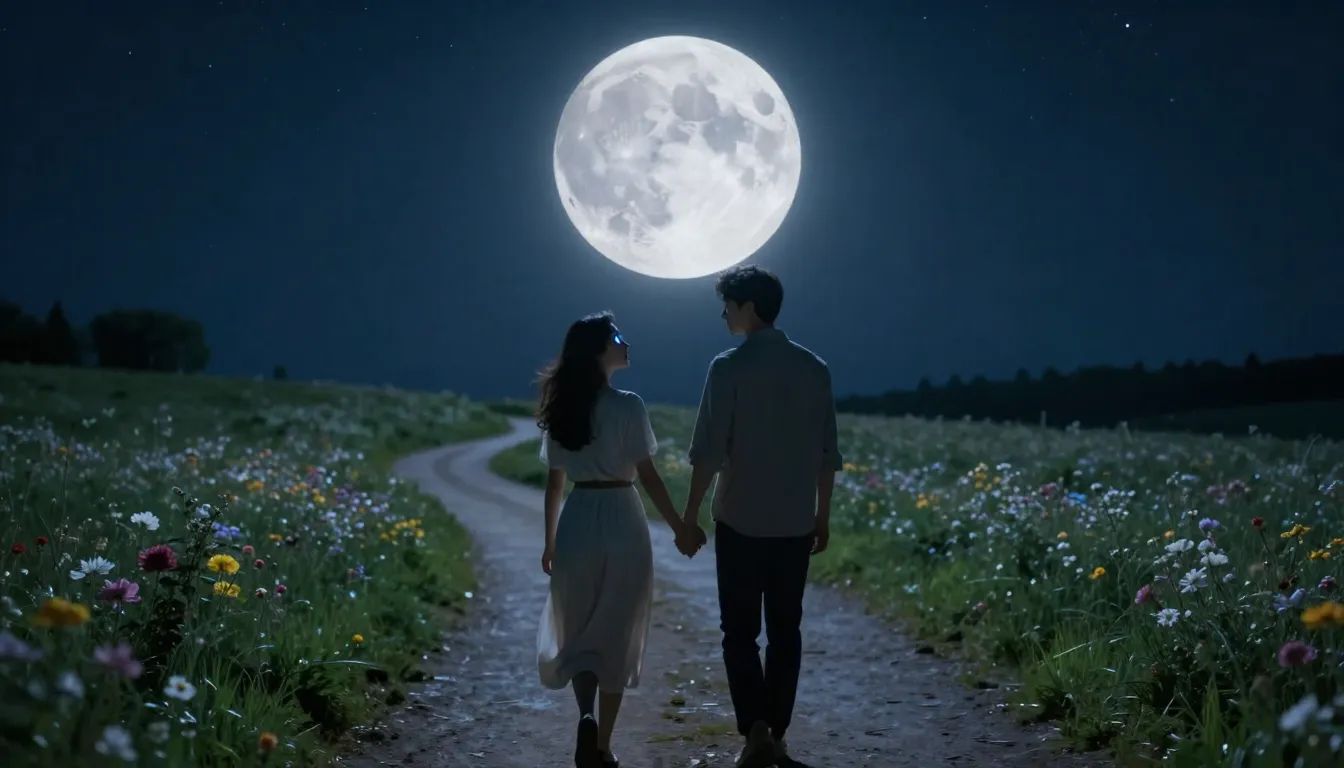 A romantic couple walking hand in hand along a winding path ...