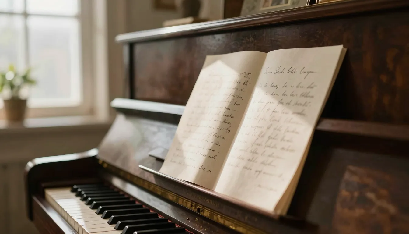 A cozy room with a piano, warm sunlight through the window, ...