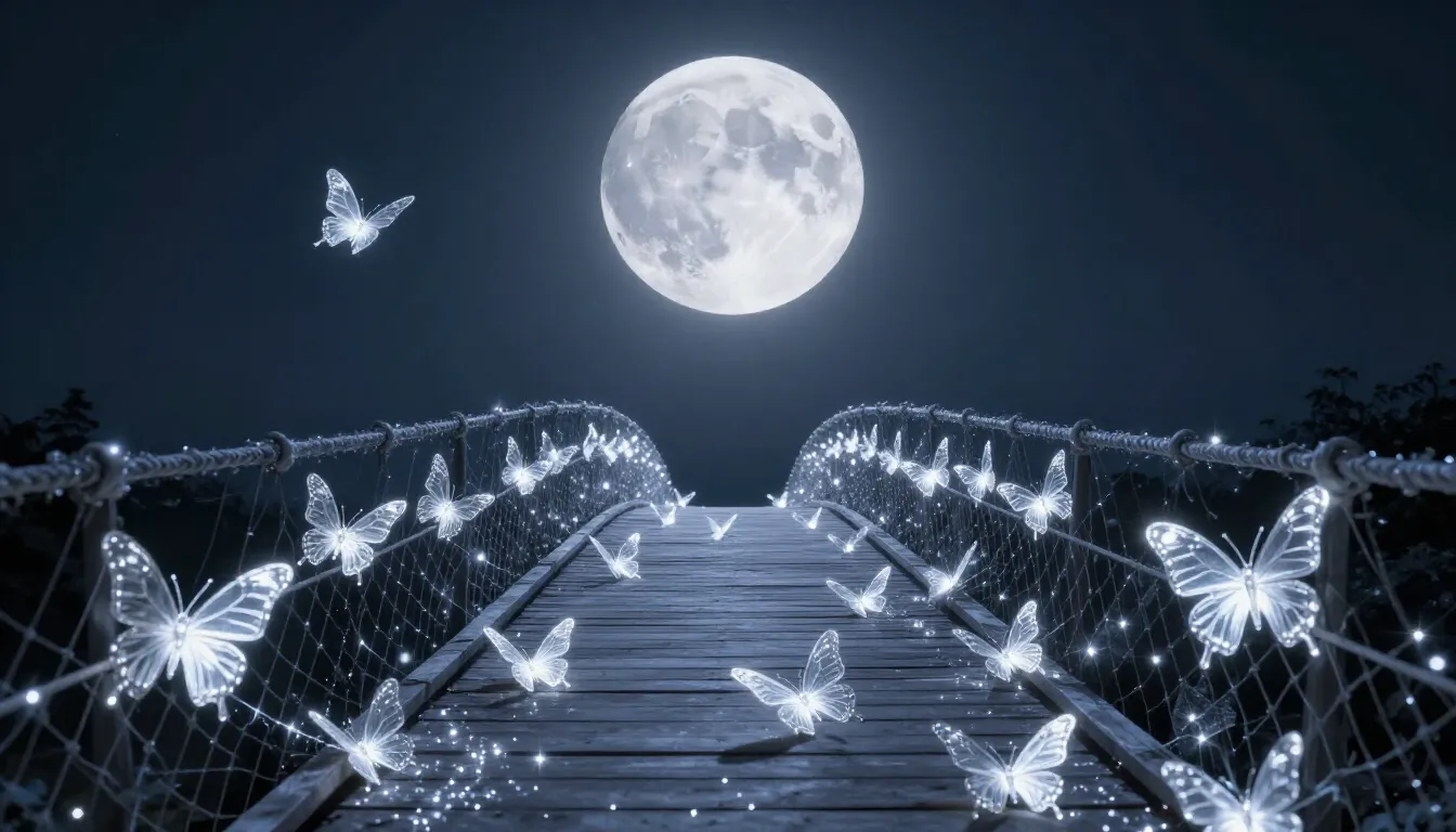 A magical bridge made of stardust and glowing silver butterf...