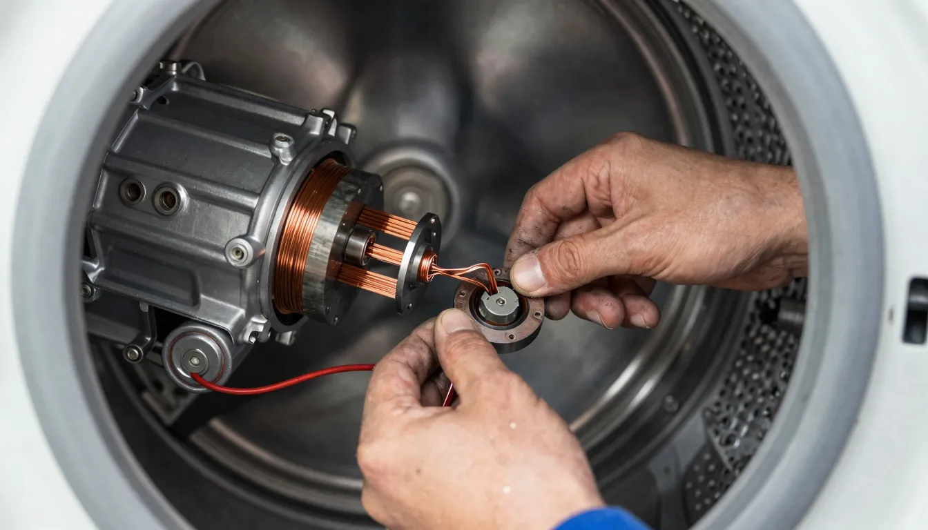 Professional repairman hands working on a washing machine di...