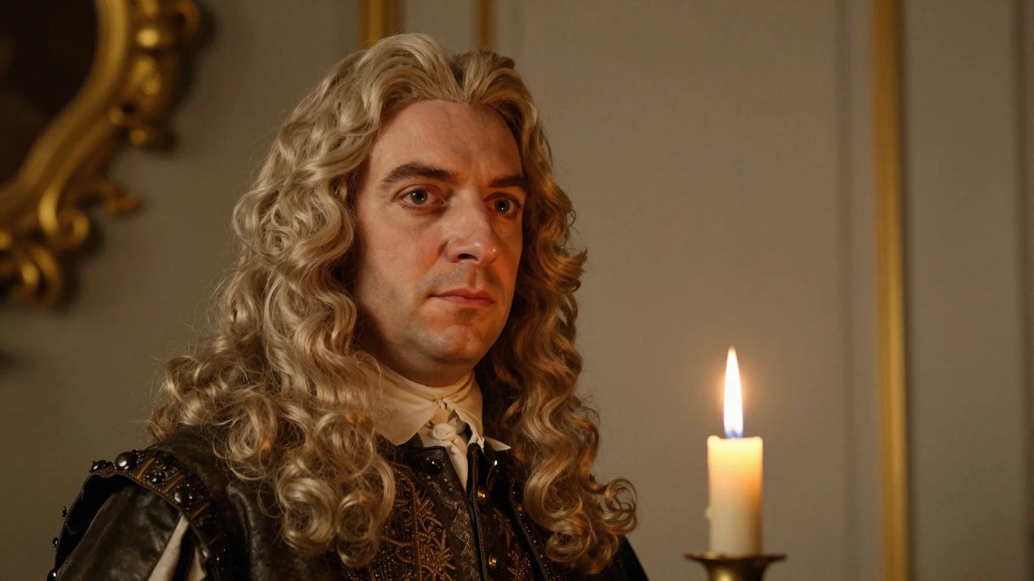 Close-up of a 17th-century French baron with blonde hair, ca...