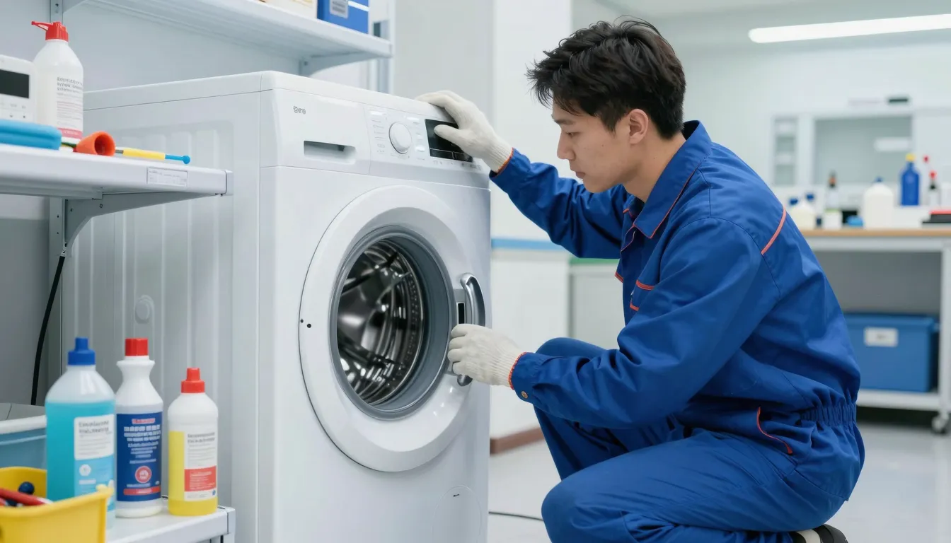 Professional repairman in a clean uniform working on a washi...