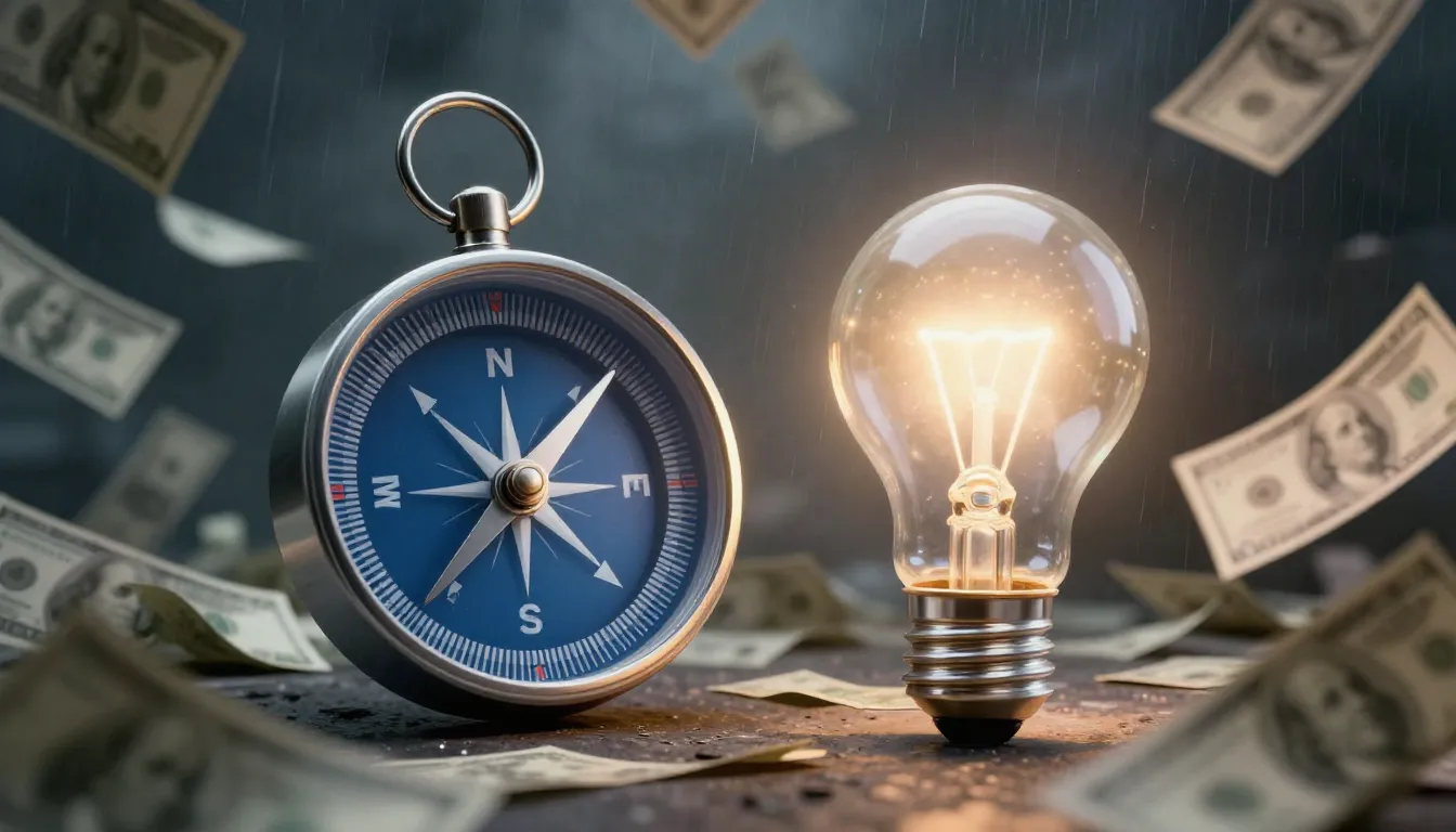 A conceptual image of a compass pointing towards a glowing l...