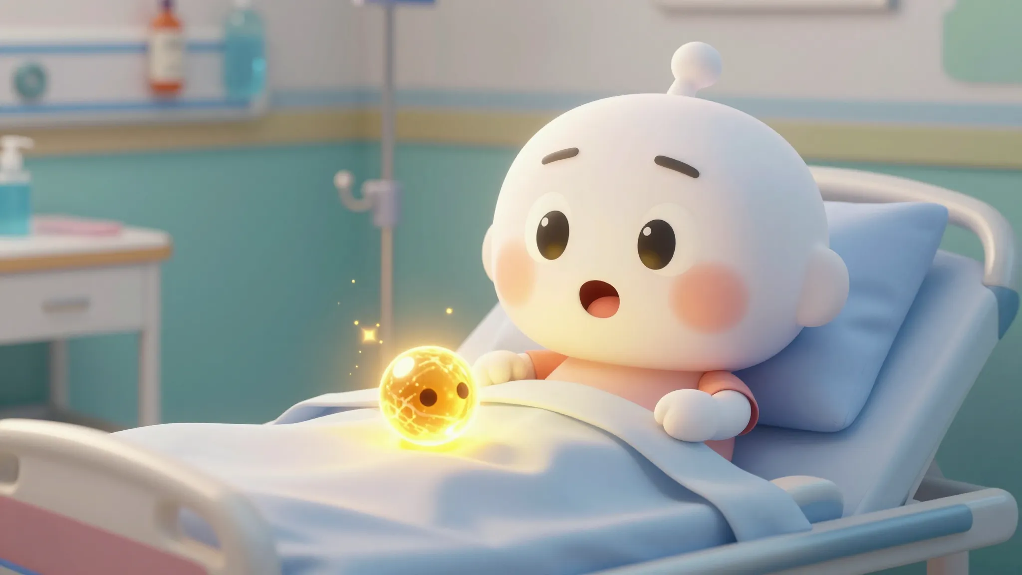A stylized cartoon character with a surprised expression loo...
