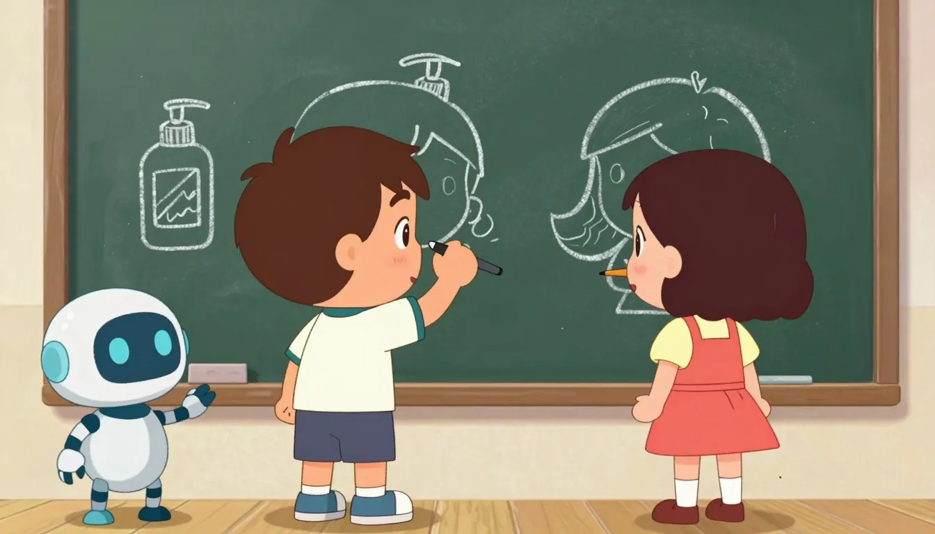 A 2D animated scene featuring a human boy and a human girl. ...