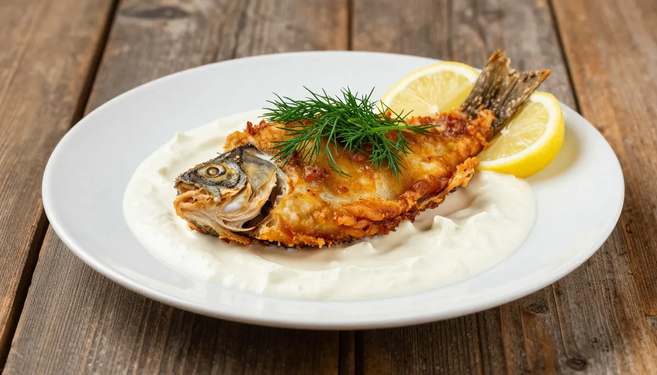 A delicious traditional Russian dish: fried crucian carp in ...