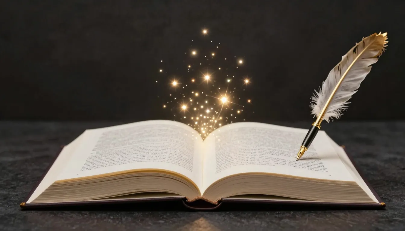 An elegant open book with glowing magical sparkles rising fr...