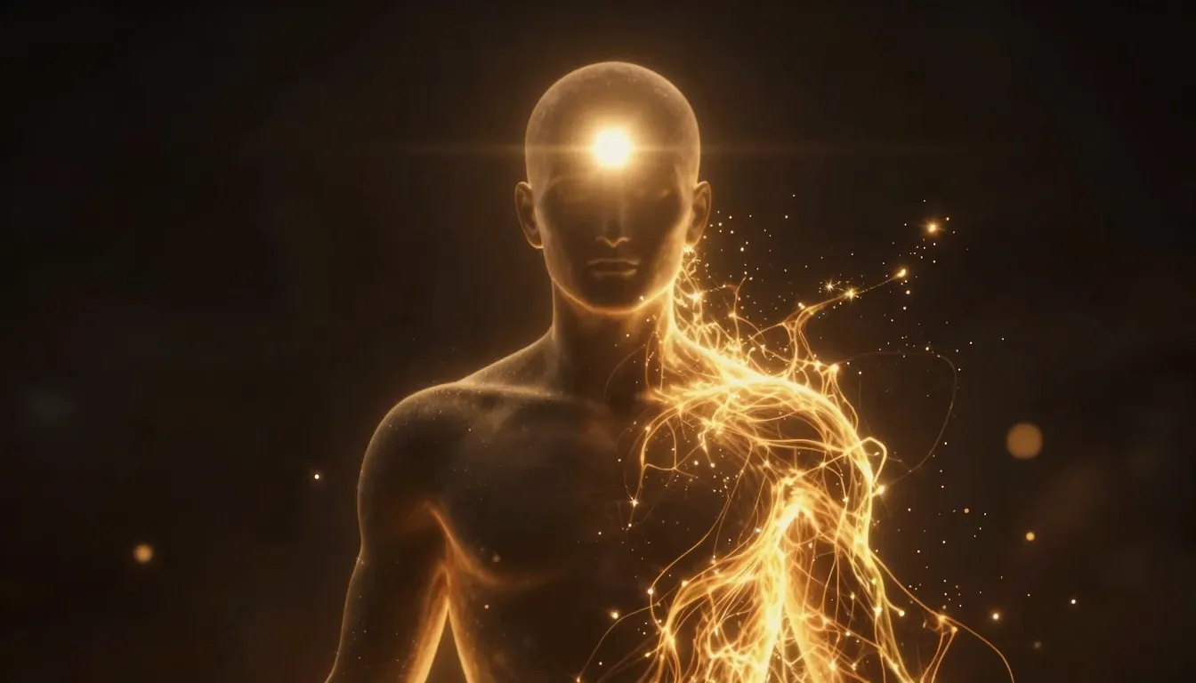 A glowing human silhouette with a bright light in the center...