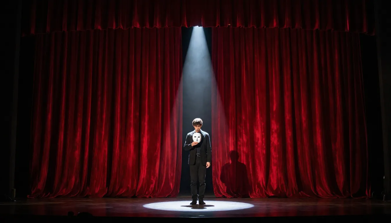 A dramatic theatrical stage with heavy red velvet curtains, ...