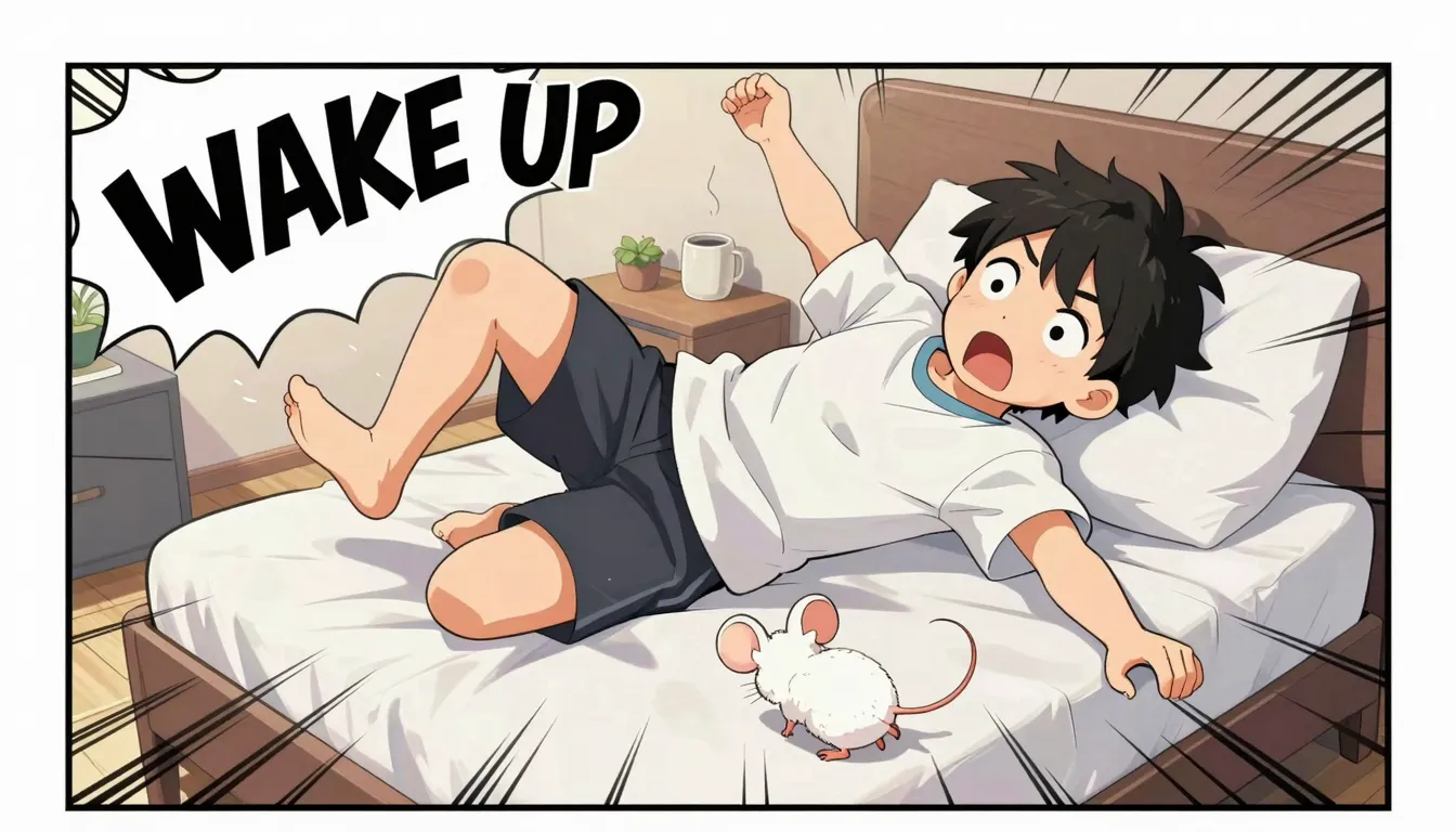 Manga panel, a 12-year-old boy falling from his bed in a mod...