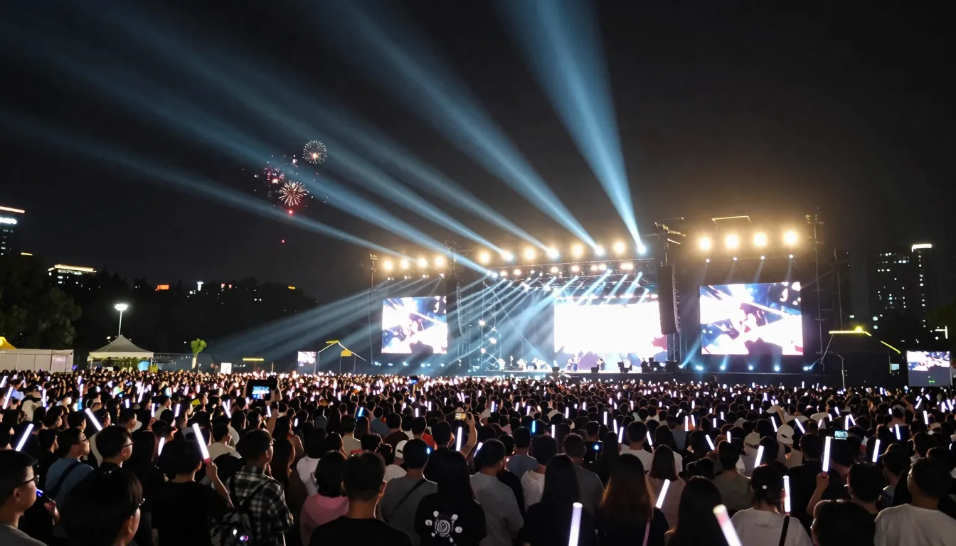 A huge concert stage on a city square at night, bright spotl...