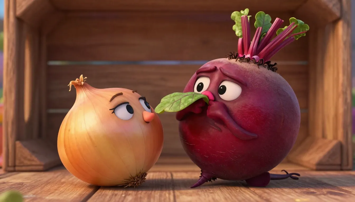 A deep red beet looking annoyed, holding its nose with a lea...