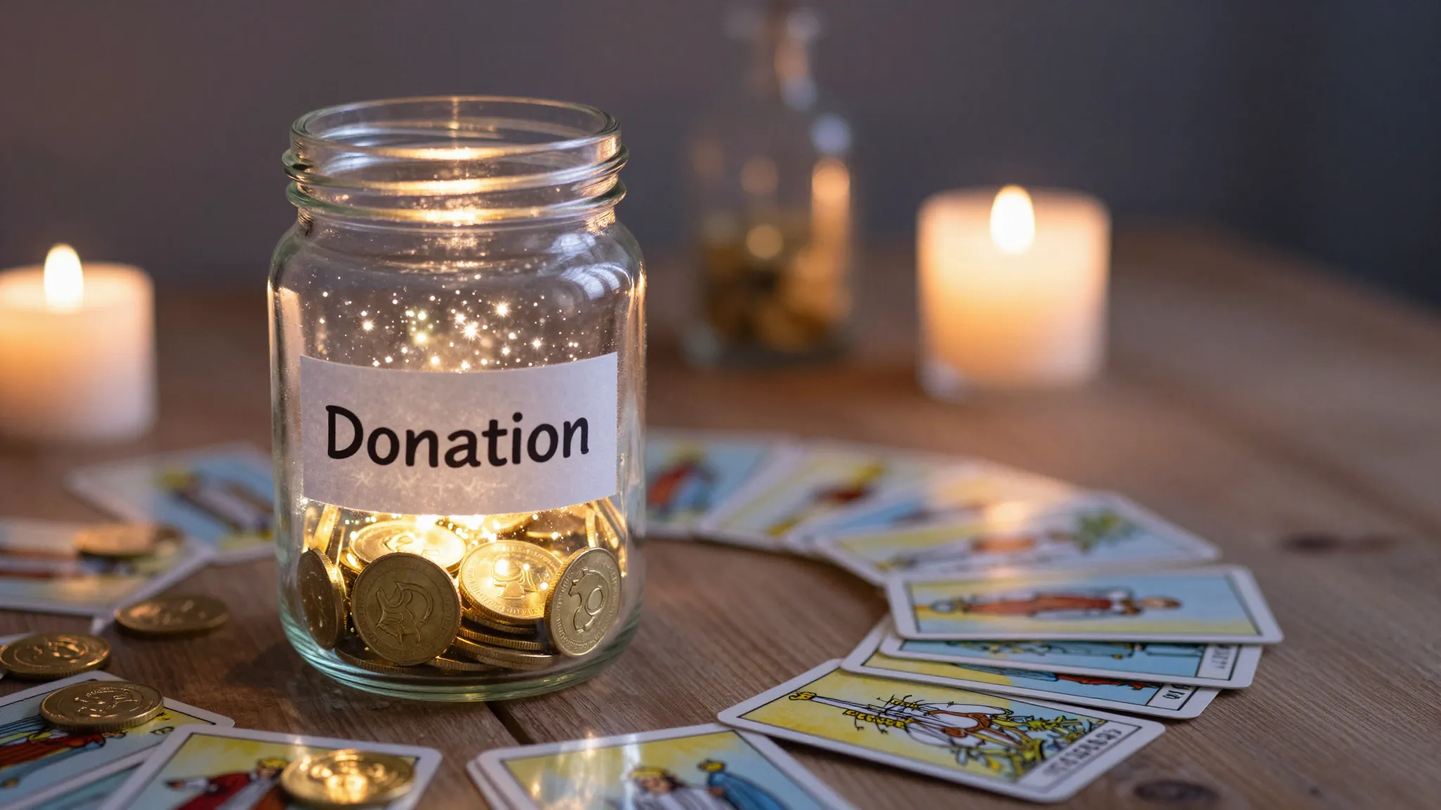 A beautiful glass jar for donations filled with glowing star...