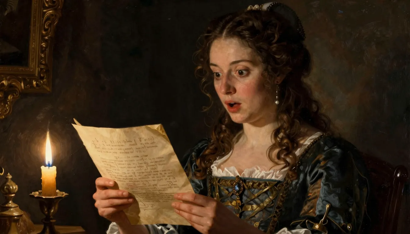 A dramatic close-up of a young noblewoman in 1600s France, l...