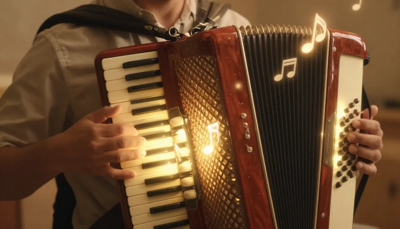 Close up of hands playing a glowing accordion, magical music...