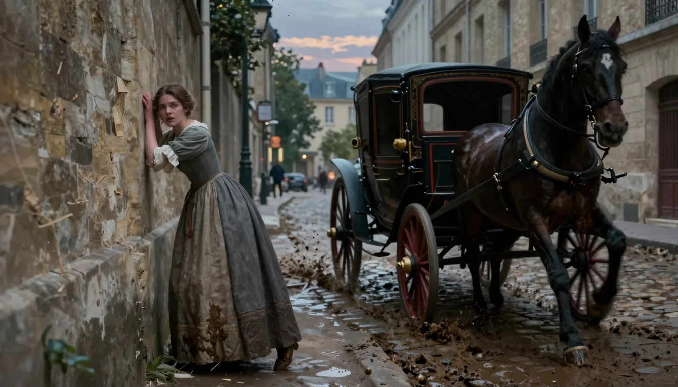 A cinematic scene in 17th century Paris at dusk. A frightene...