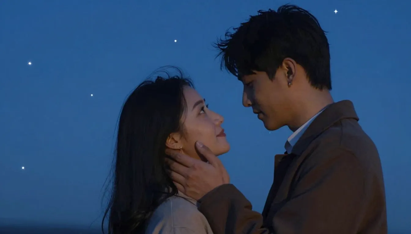 Romantic couple looking into each other's eyes, deep blue sk...