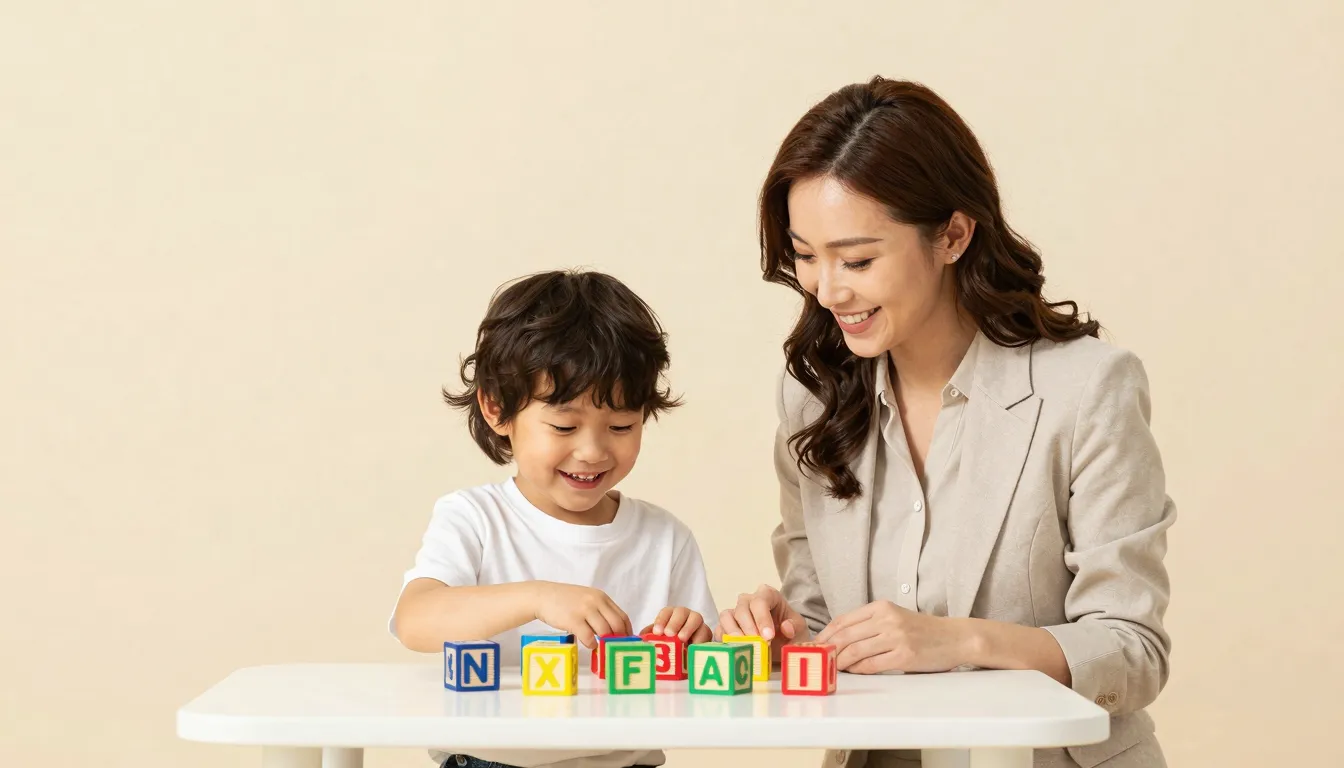 A friendly teacher and a happy child sitting at a small tabl...