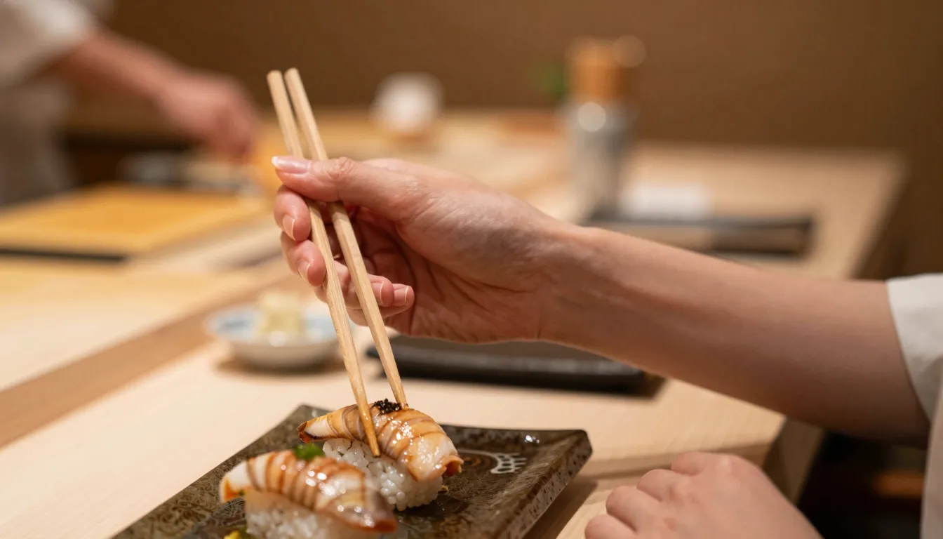 Close-up of elegant female hands holding wooden chopsticks o...
