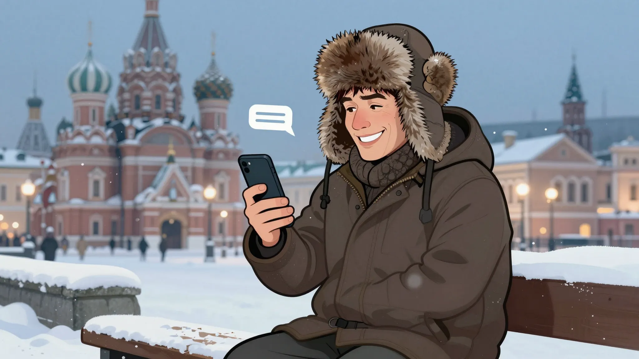 A funny man in a fur hat sitting in a snowy Russian city, ho...