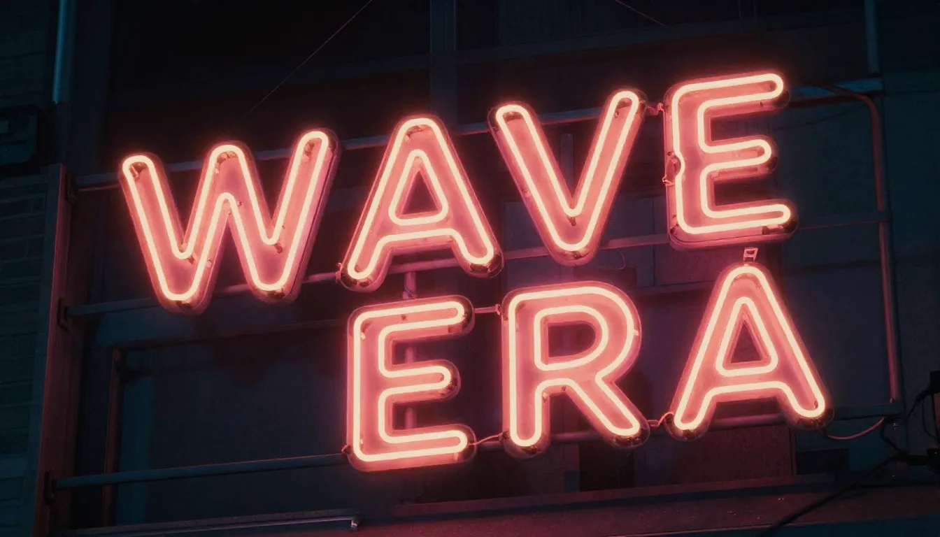 A glowing neon sign with the text 'WAVE ERA' in a dark stree...