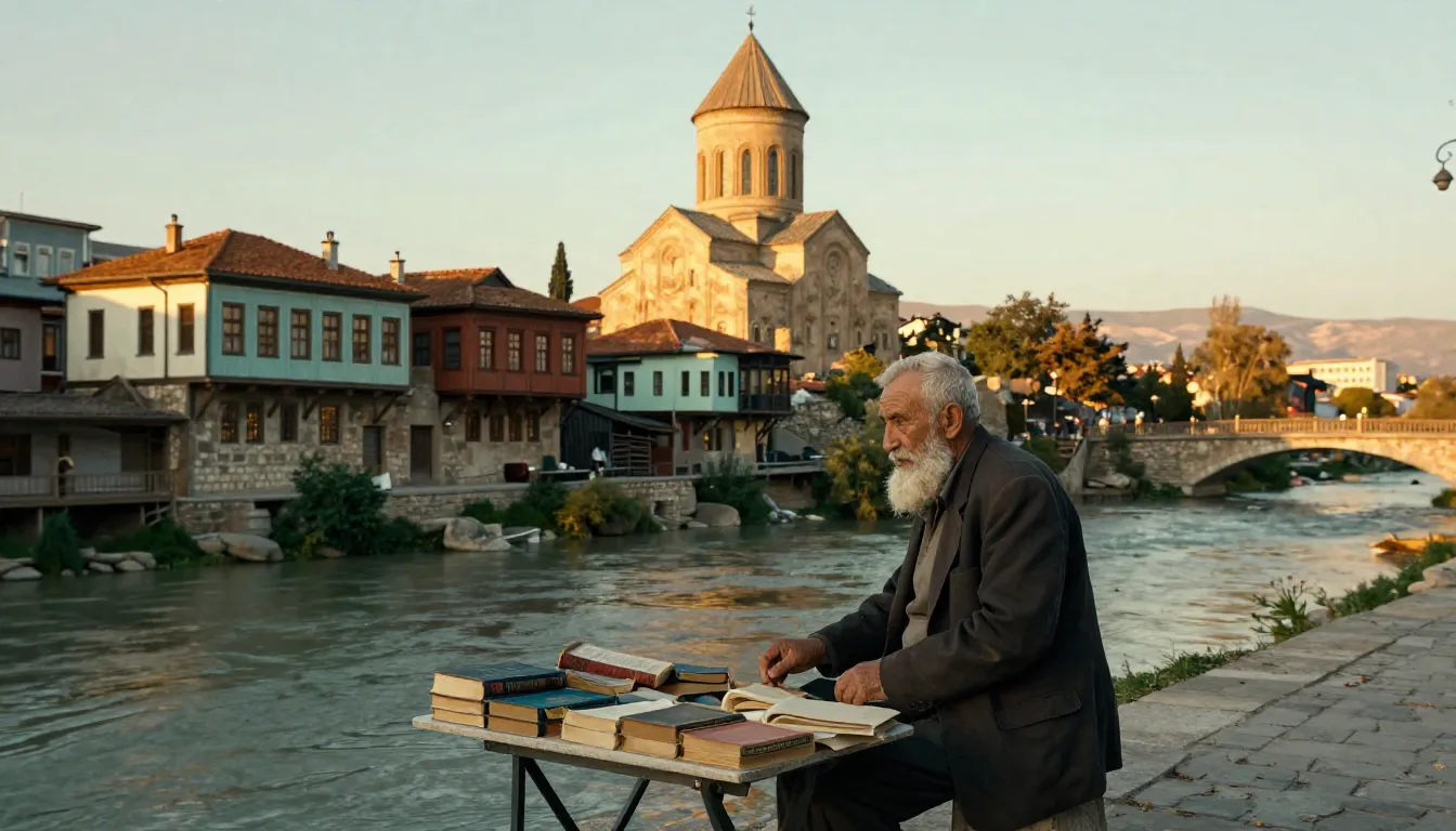 Cinematic wide shot of Old Tbilisi, Georgia. An old man with...