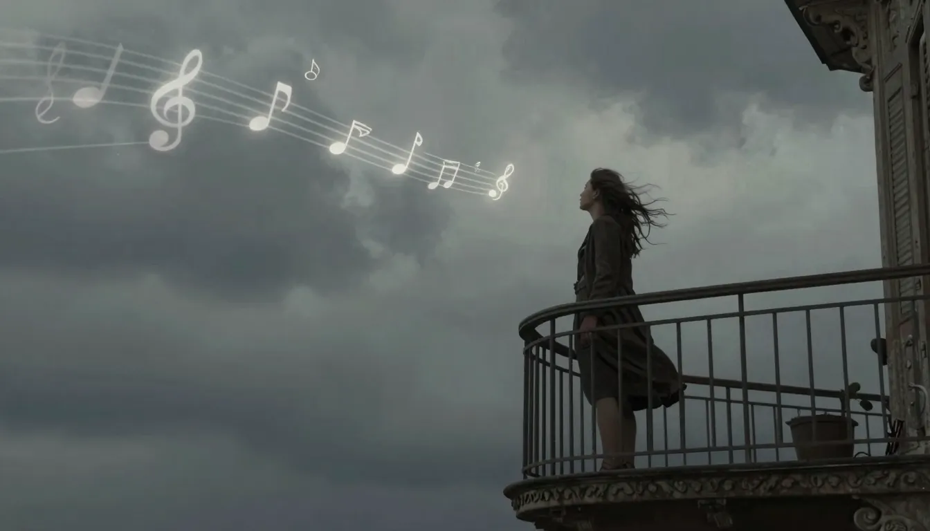 A lonely figure standing on a balcony at night, grey wind sw...
