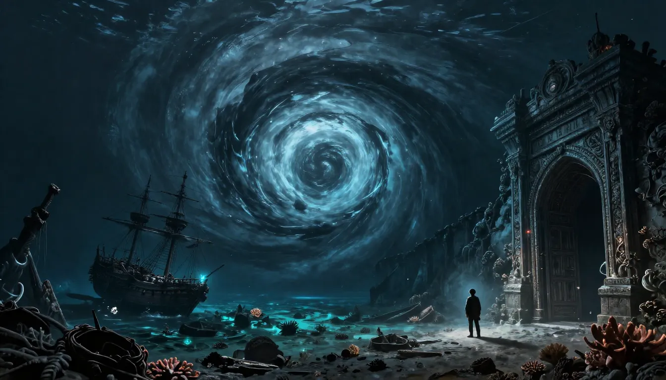 A colossal whirlpool in the middle of a dark ocean, exposing...