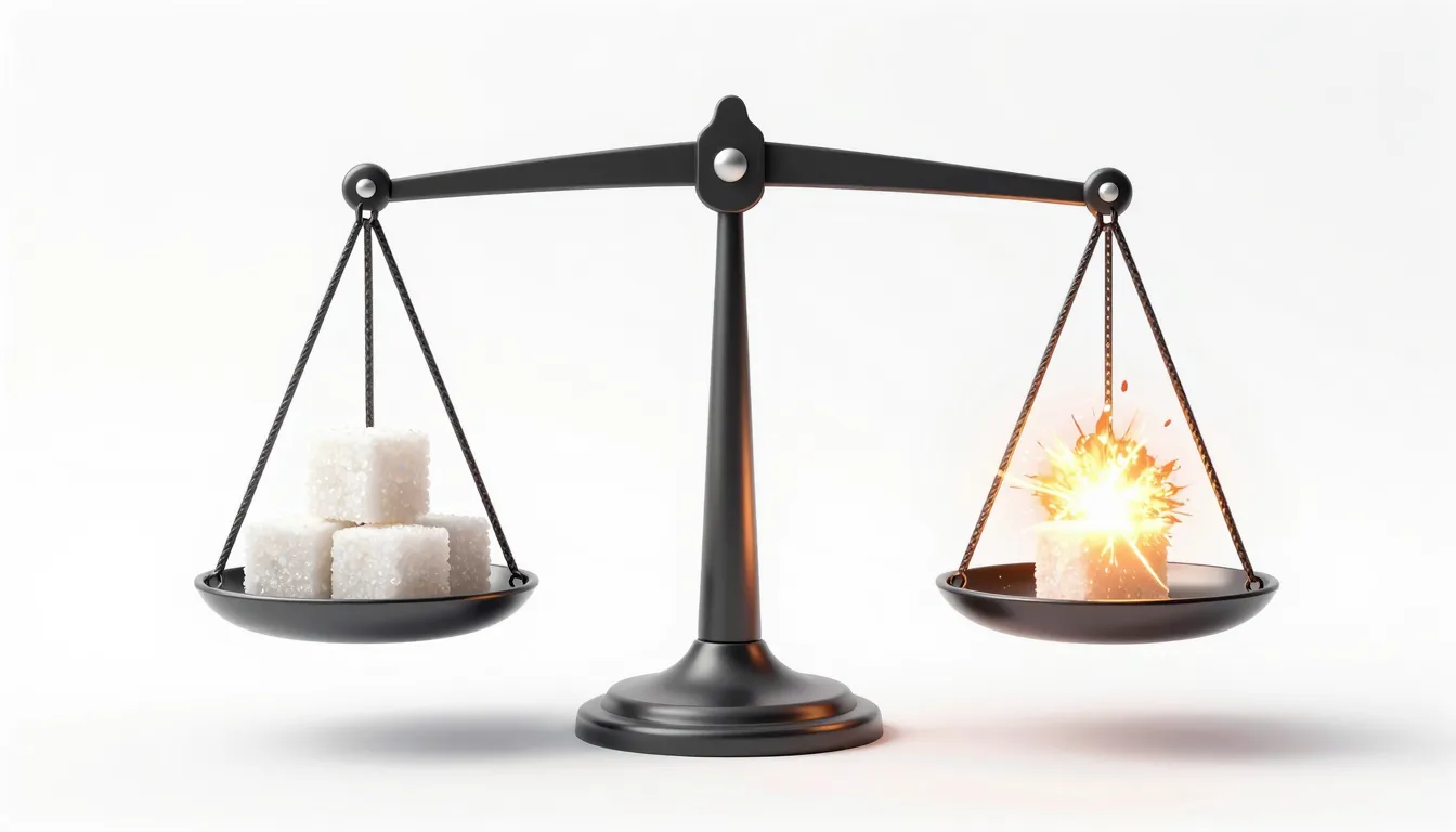 A conceptual image of a balance scale with a sugar cube on o...