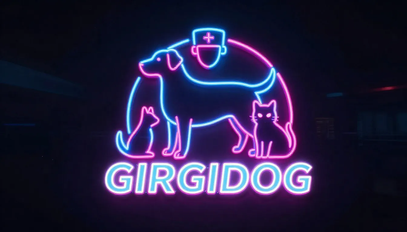 Cyberpunk neon logo for 'GIRGIDOG'. Glowing blue and pink ou...
