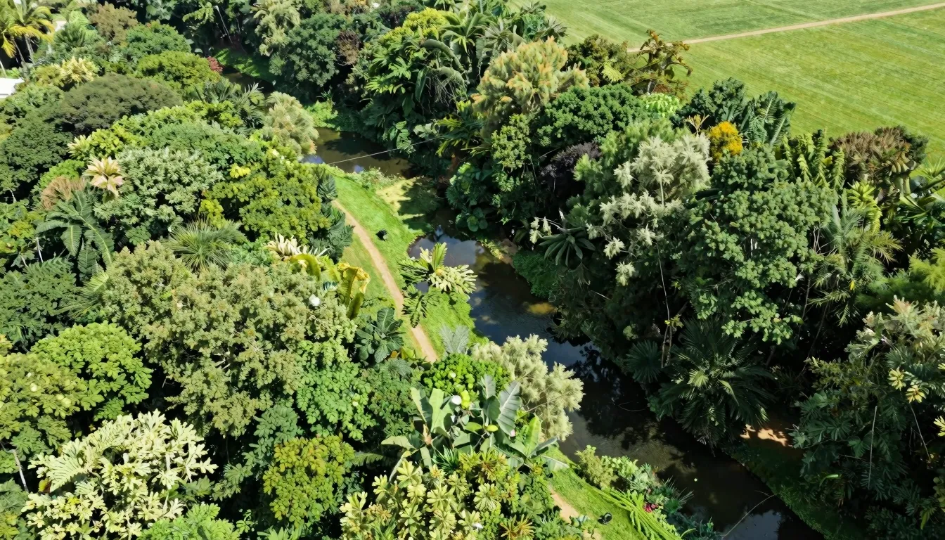 A serene aerial view of a lush green forest plot in the coun...