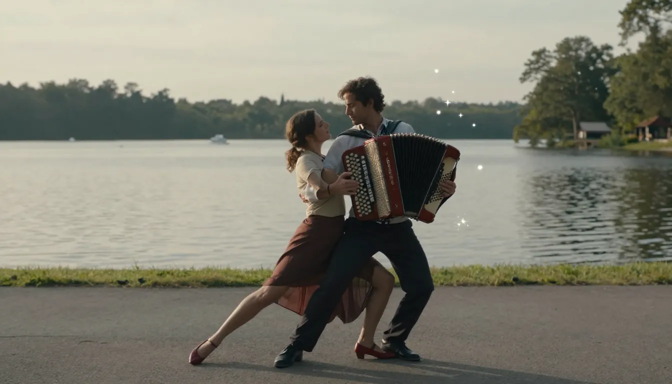 Cinematic camera shot of a couple dancing near a lake, man p...