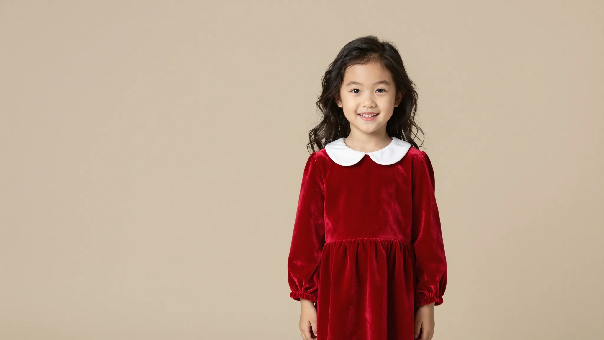 A joyful little girl wearing a stylish red velvet dress with...