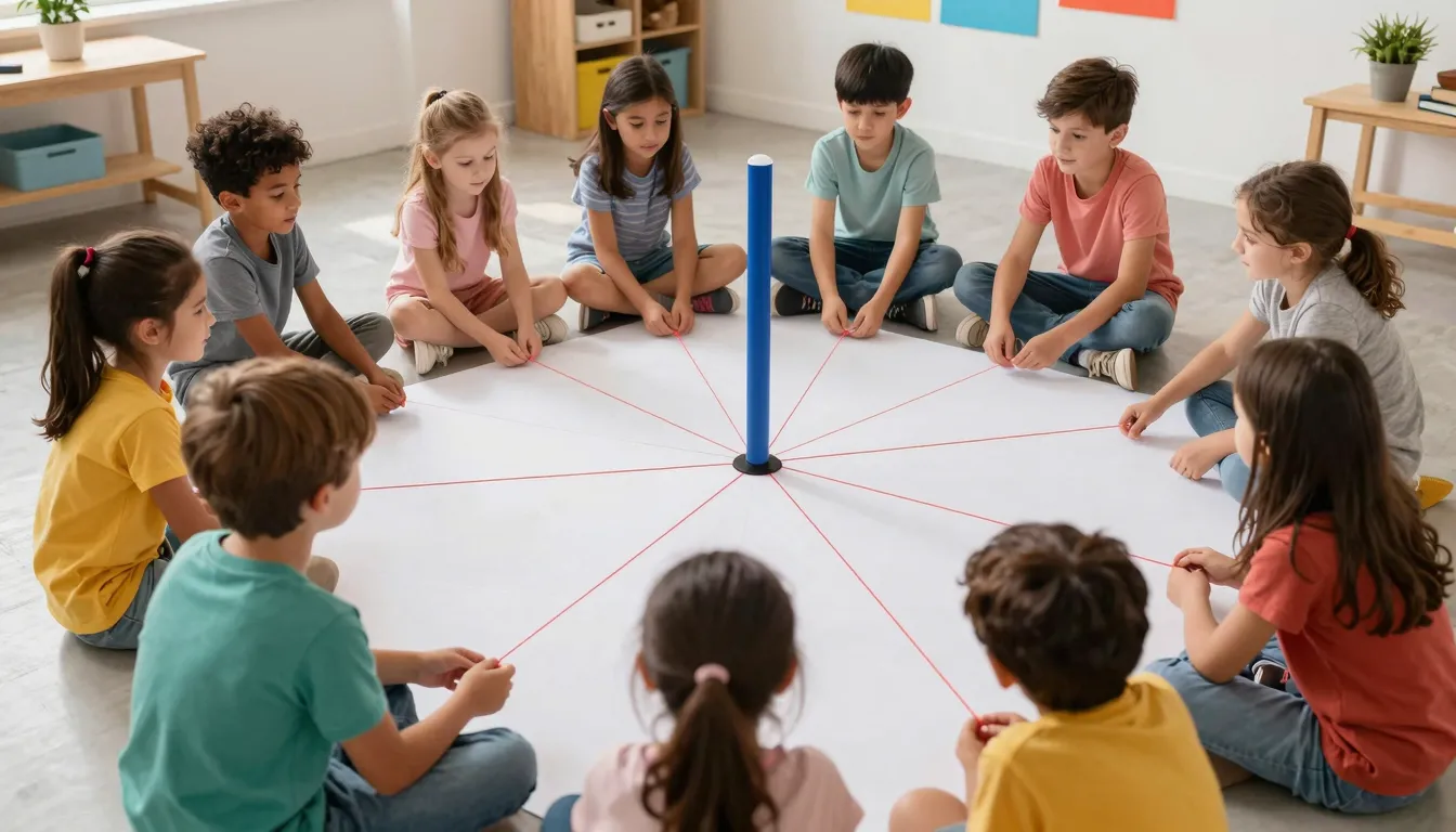 Children in a studio holding strings attached to a single la...