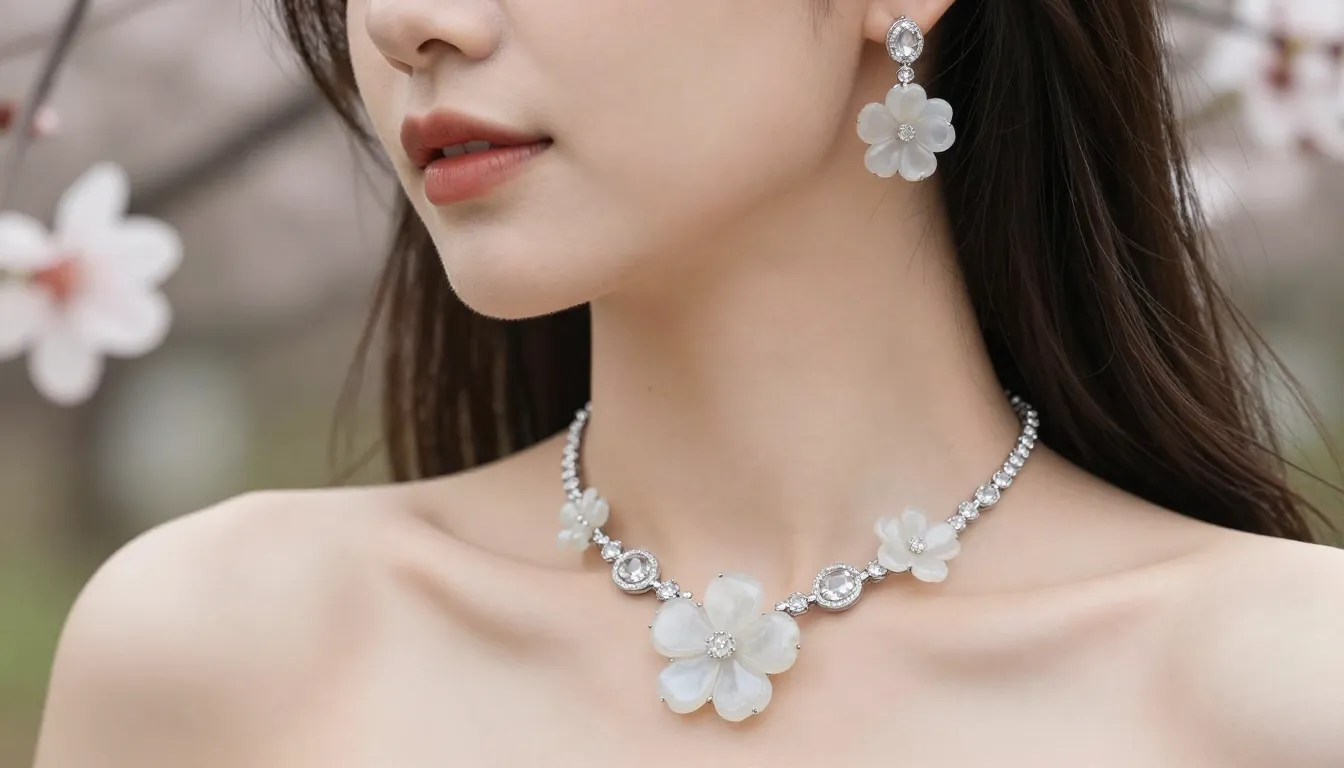 A beautiful woman wearing a necklace and earrings made of wh...