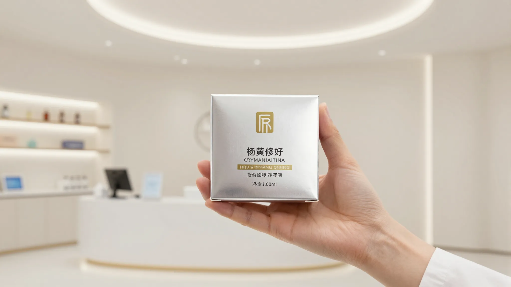 A modern aesthetic medicine clinic interior, a doctor's hand...