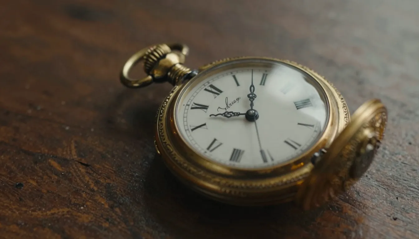 A close-up of a vintage, ornate golden pocket watch lying on...