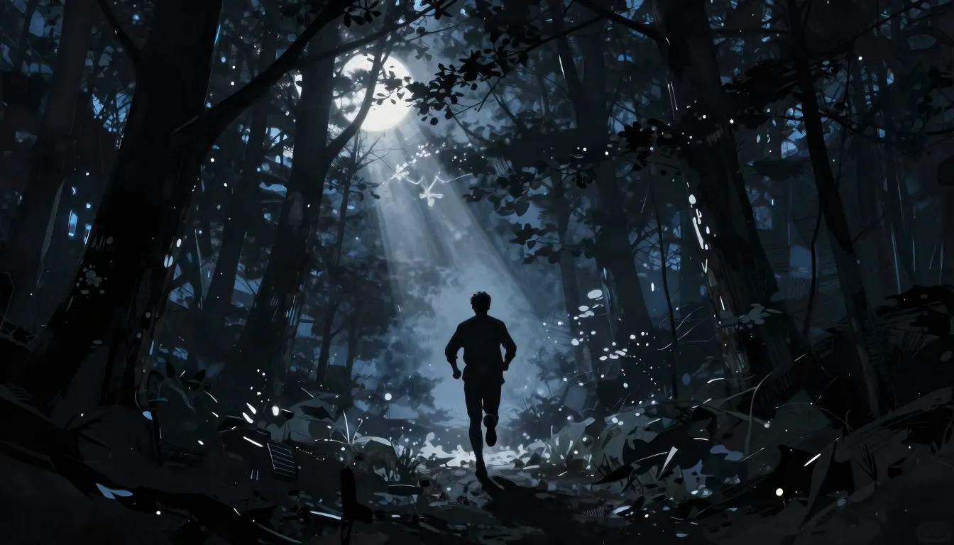A silhouette of a lonely man running towards a glowing light...