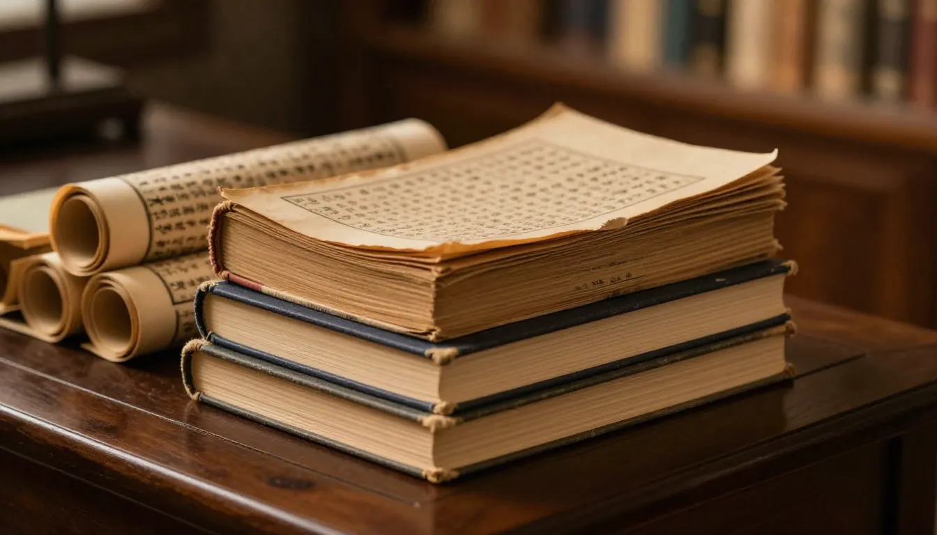 A stack of old books and ancient Chinese scrolls on a dark w...