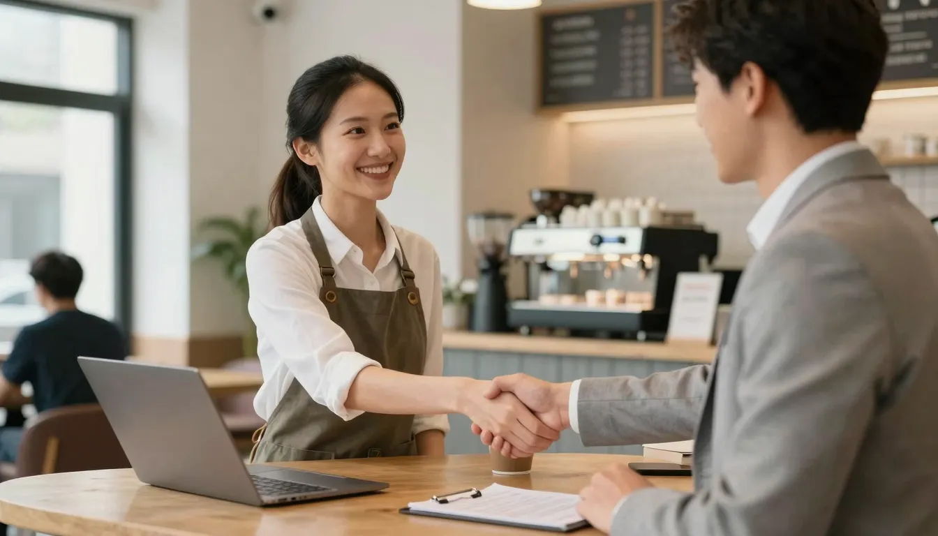 A stylish and friendly coffee shop owner shaking hands with ...