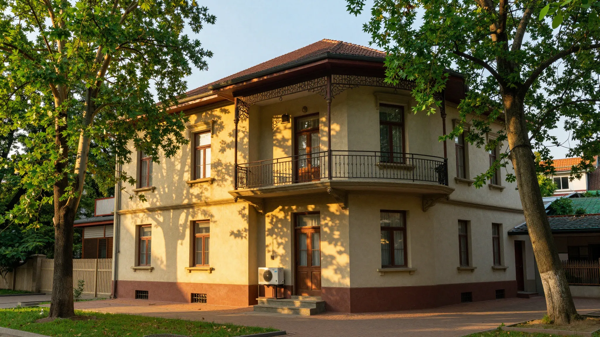 A beautiful three-story vintage apartment building with orna...